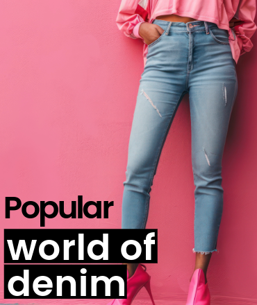 A women's legs wearing high waist denim jeans and pink high heals. It says women's popular world of denim