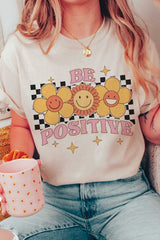 BE POSITIVE HAPPY FACE FLOWERS Graphic Tee T - Shirts Cotton Fashion Bravada
