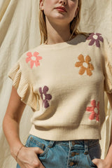 Beautiful Petal Floral Graphic Knit Top Embroidered Fashion Bravada