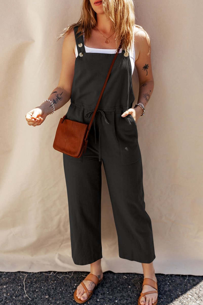 Black Drawstring Overalls Bottoms/Jumpsuits & Rompers Best In Stock Bravada Boutique