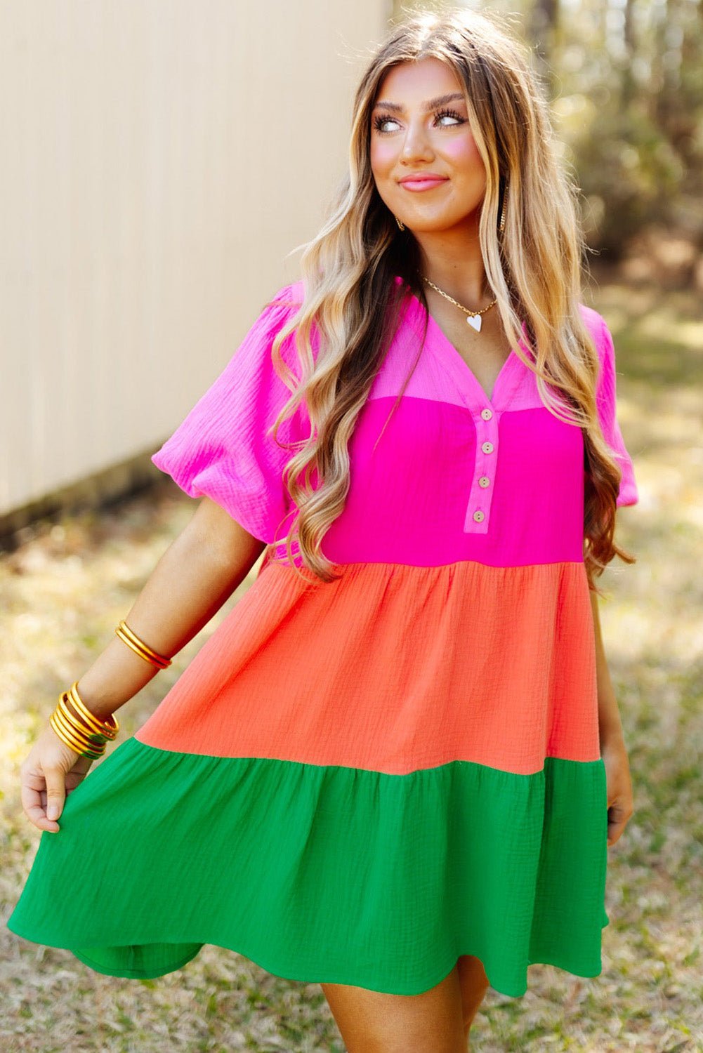 Bravada Colorful Tiered Puff Sleeve Dress Dresses/Mini Dresses casual dresses Bravada Fashion