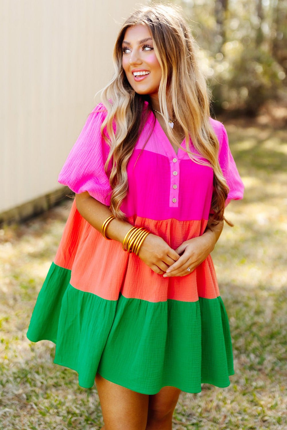 Bravada Colorful Tiered Puff Sleeve Dress Dresses/Mini Dresses casual dresses Bravada Fashion