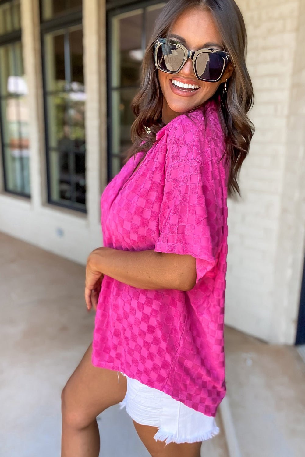 Bright Pink Love Yourself Checkered Shirt - Bravada Tops/Blouses & Shirts Channel0 Bravada Fashion