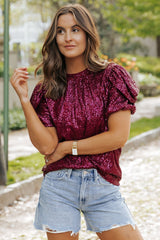 Burgundy Glitter Sequin Blouse Tops/Blouses & Shirts blouses Bravada Fashion