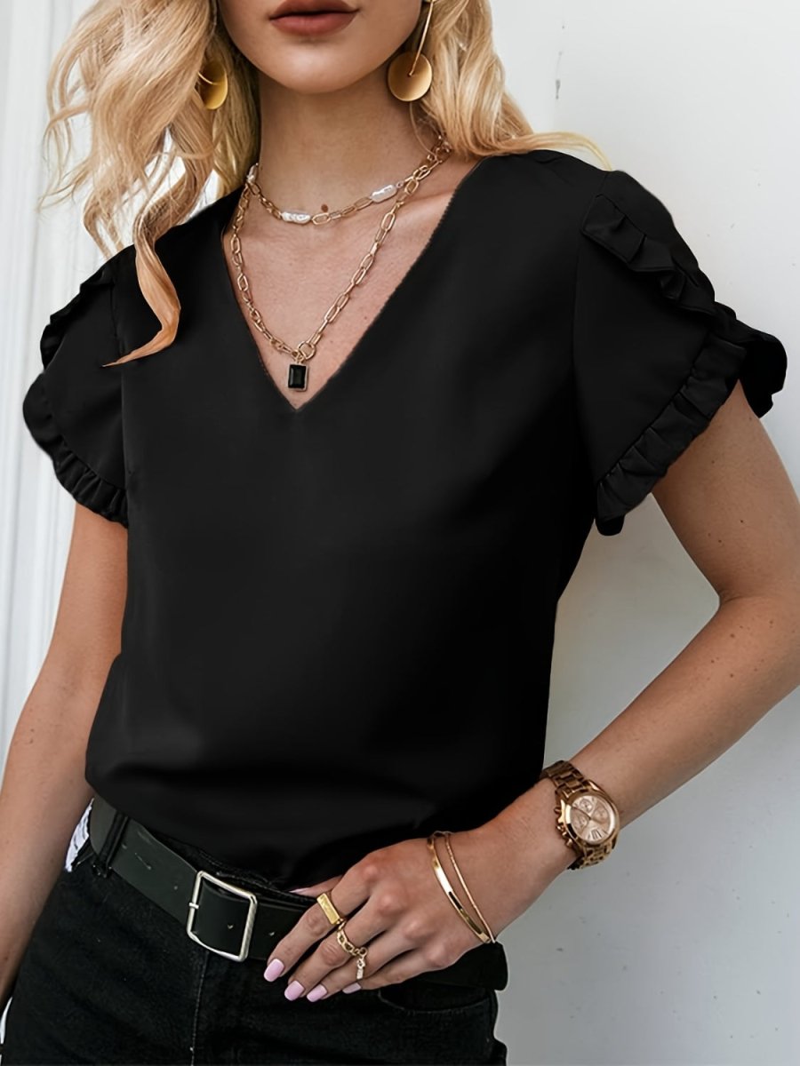 Frill V - Neck Short Sleeve Blouse Shirts Ship From Overseas Fashion Bravada