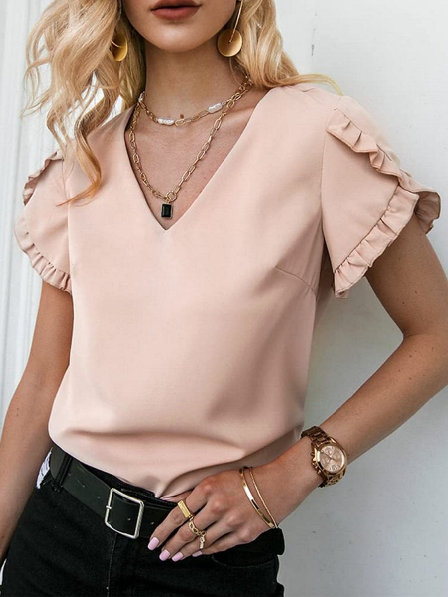 Frill V - Neck Short Sleeve Blouse Shirts Ship From Overseas Fashion Bravada