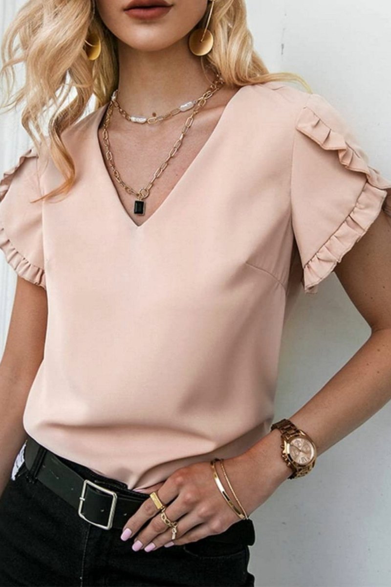 Frill V - Neck Short Sleeve Blouse Shirts Ship From Overseas Fashion Bravada