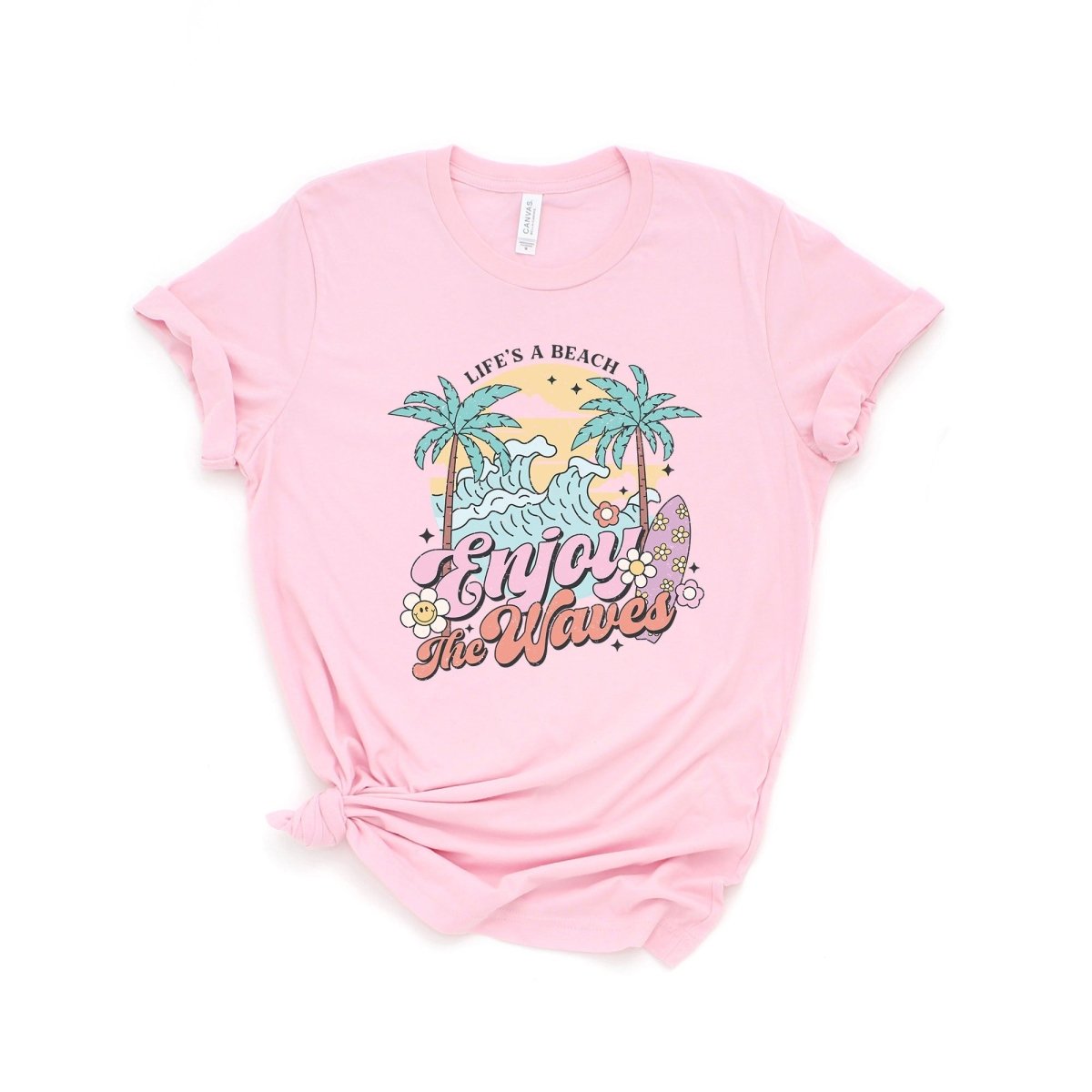 Life's A Beach Wave Sleeve Graphic Tee T - Shirts Crew - Neck Tee Fashion Bravada