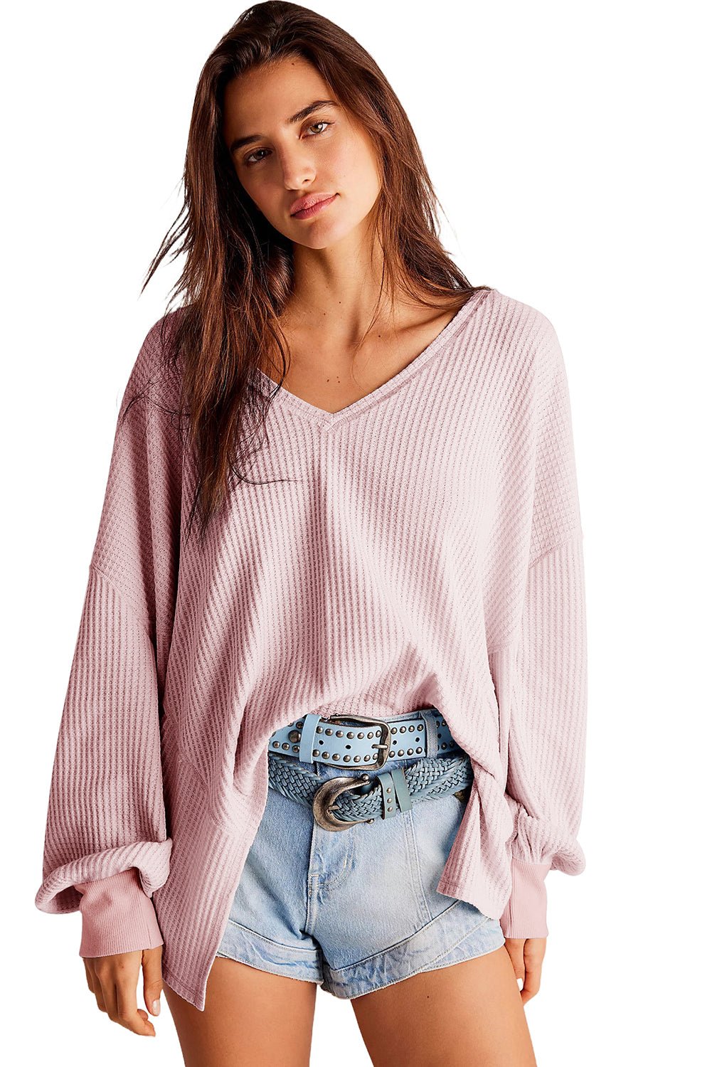 Light Pink Waffle Drop Shoulder Blouse Tops/Blouses & Shirts Best Sellers Bravada Boutique