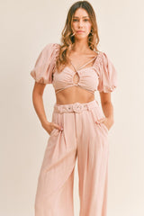 MABLE Cut Out Drawstring Crop Top and Belted Pants Set Sets Sets Fashion Bravada