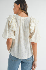 MABLE Eyelet Lace Ruffle Shoulder Puff Sleeve Blouse Blouses MABLE Fashion Bravada
