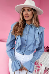 Myosotis Ruffled Shirred Cuffs Button up Chambray Shirt Tops/Blouses & Shirts blouses Bravada Fashion