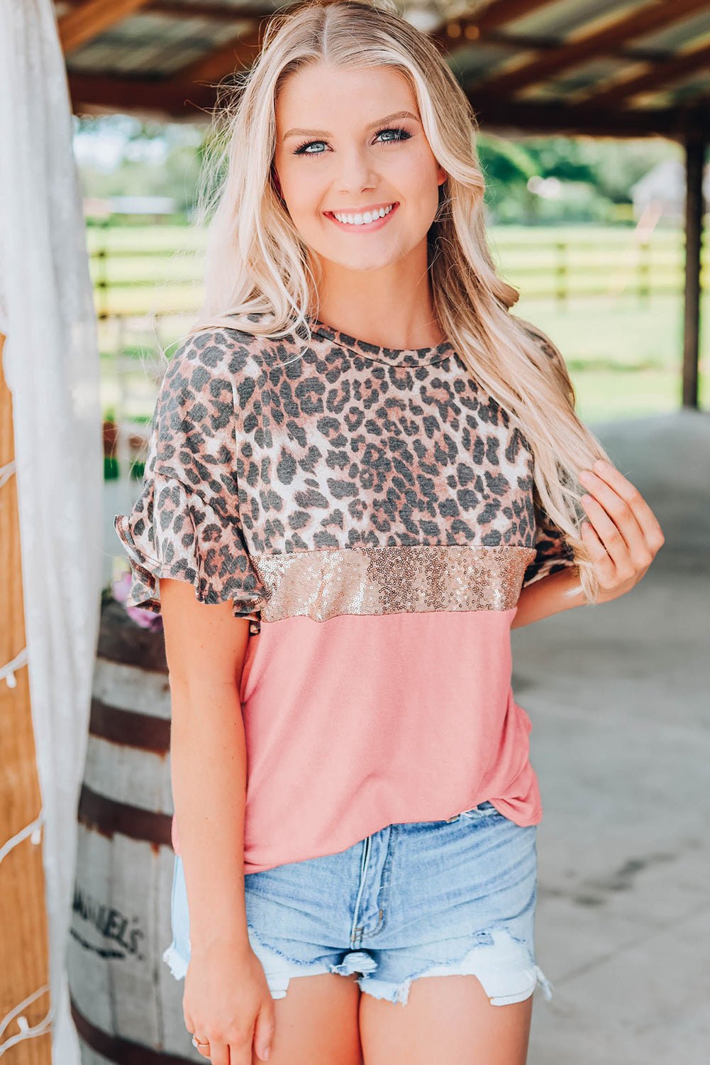 Pink Leopard Sequin Top Tops/Tops & Tees New Bravada Fashion