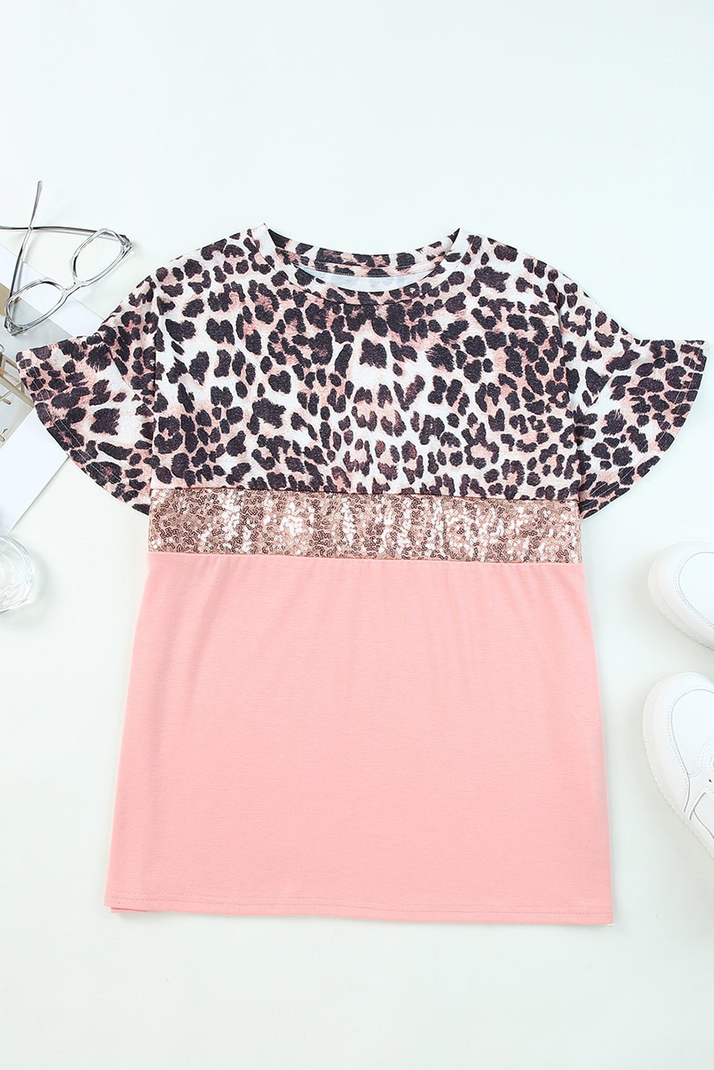 Pink Leopard Sequin Top Tops/Tops & Tees New Bravada Fashion