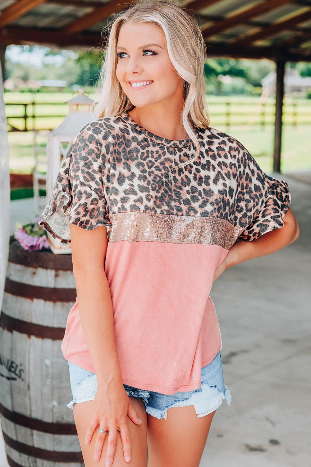 Pink Leopard Sequin Top Tops/Tops & Tees New Bravada Fashion