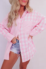 Pink Mix Checked Button Up Shirt Tops/Blouses & Shirts Color Pink Bravada Fashion