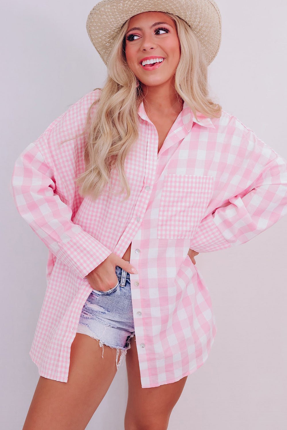 Pink Mix Checked Button Up Shirt Tops/Blouses & Shirts Color Pink Bravada Fashion