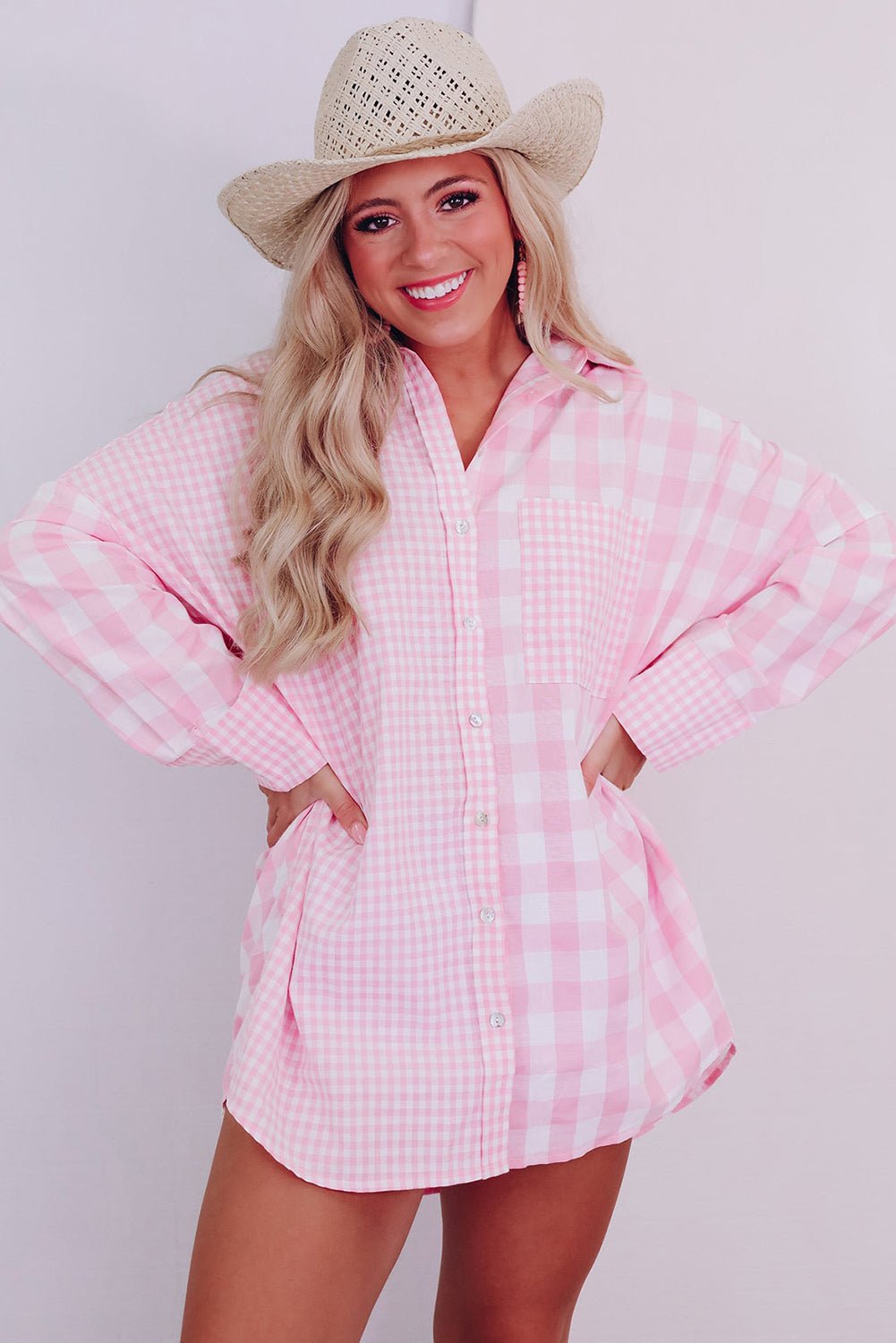 Pink Mix Checked Button Up Shirt Tops/Blouses & Shirts Color Pink Bravada Fashion