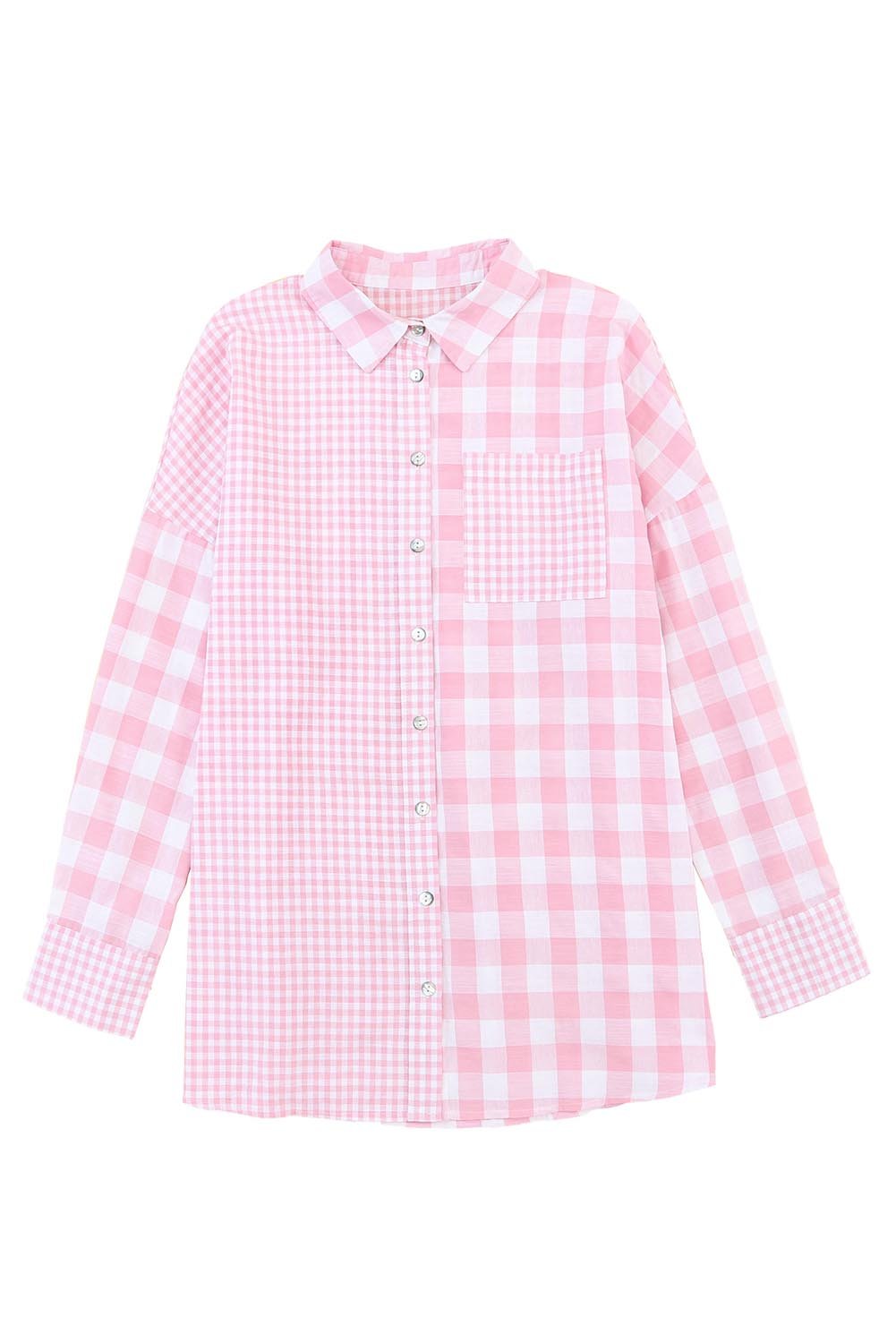 Pink Mix Checked Button Up Shirt Tops/Blouses & Shirts Color Pink Bravada Fashion