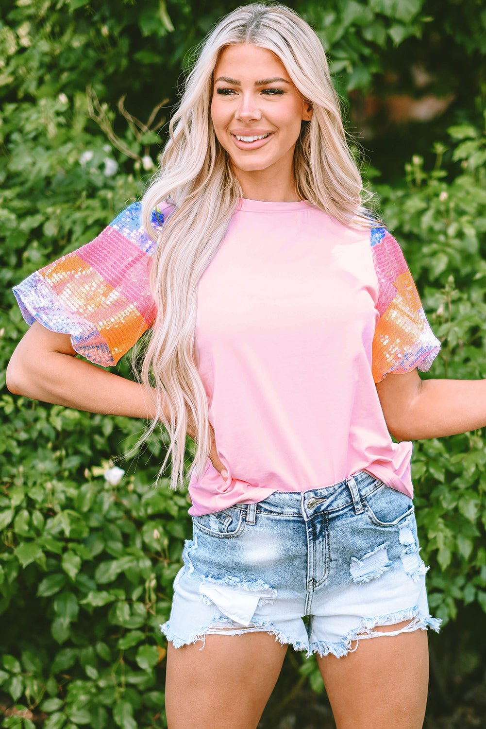 Pink Sequin Striped Puff Sleeve Blouse Tops/Tops & Tees Channel0 Bravada Fashion