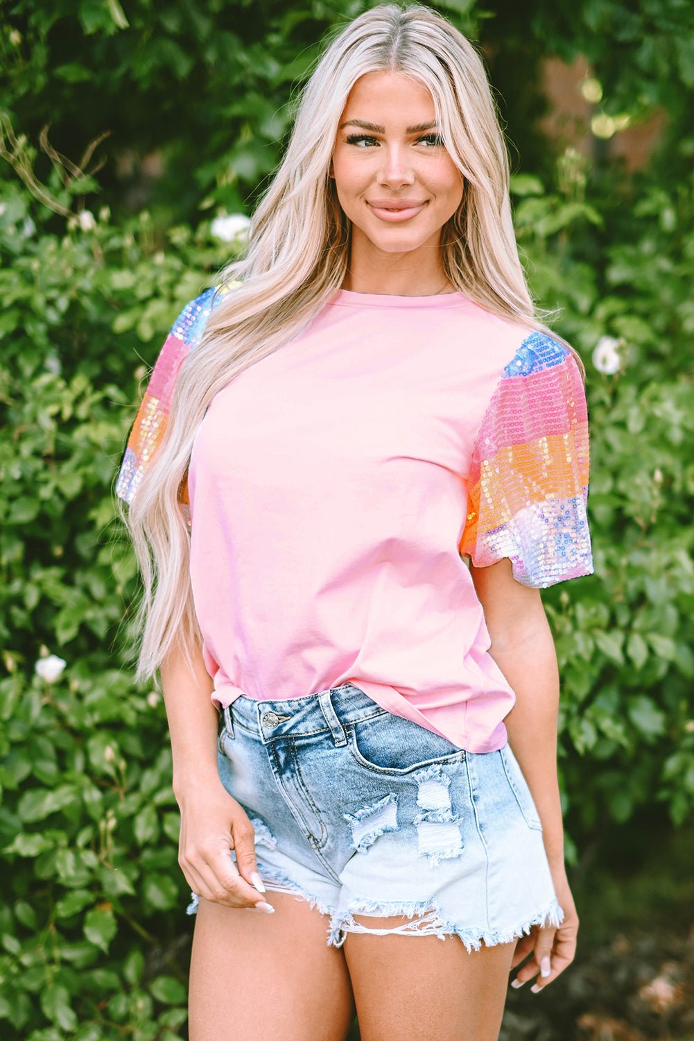 Pink Sequin Striped Puff Sleeve Blouse Tops/Tops & Tees Channel0 Bravada Fashion