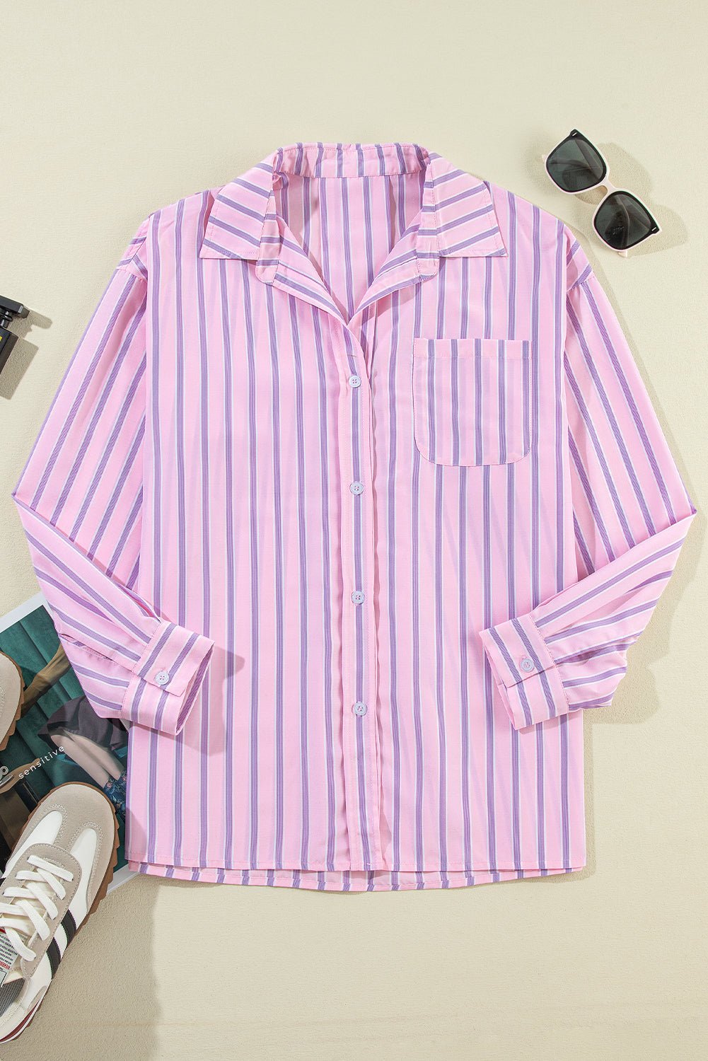 Pink Stripe Chest Pocket Casual Shirt Tops/Blouses & Shirts Best In Stock Bravada Fashion