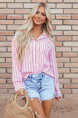 Pink Stripe Chest Pocket Casual Shirt Tops/Blouses & Shirts Best In Stock Bravada Fashion