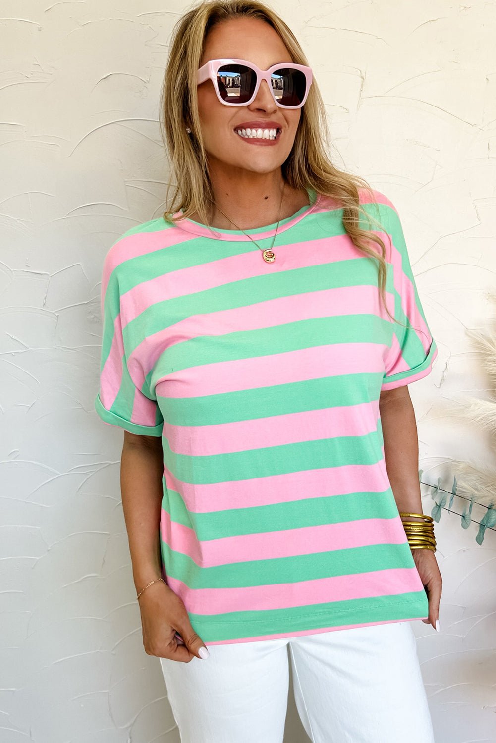 Pink Stripe Color block Cotton Tee Tops/Tops & Tees Best In Stock Bravada Fashion