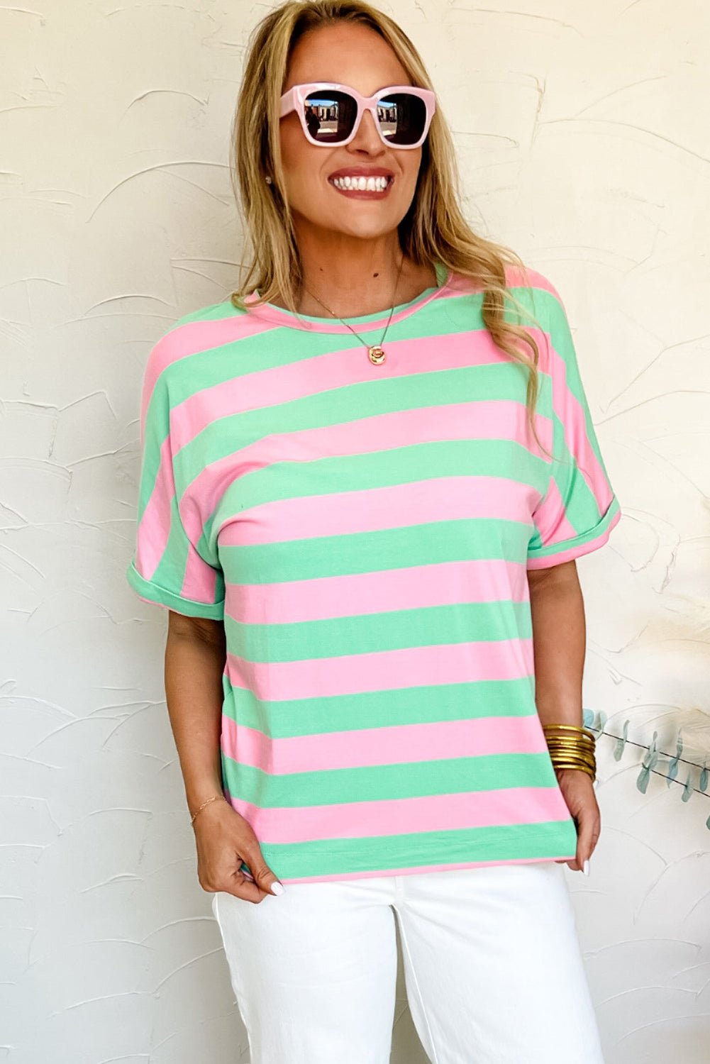 Pink Stripe Color block Cotton Tee Tops/Tops & Tees Best In Stock Bravada Fashion