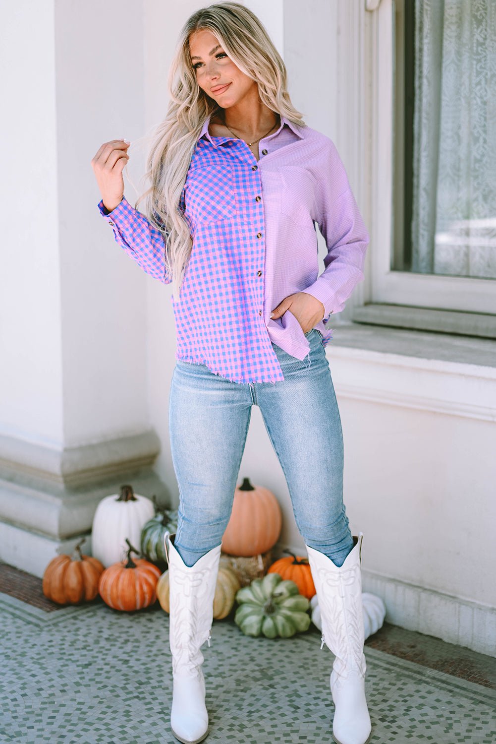 Purple Mixed Plaid Button Down Long Sleeve Chest Pocket Shirt Tops/Blouses & Shirts Channel0 Bravada Fashion