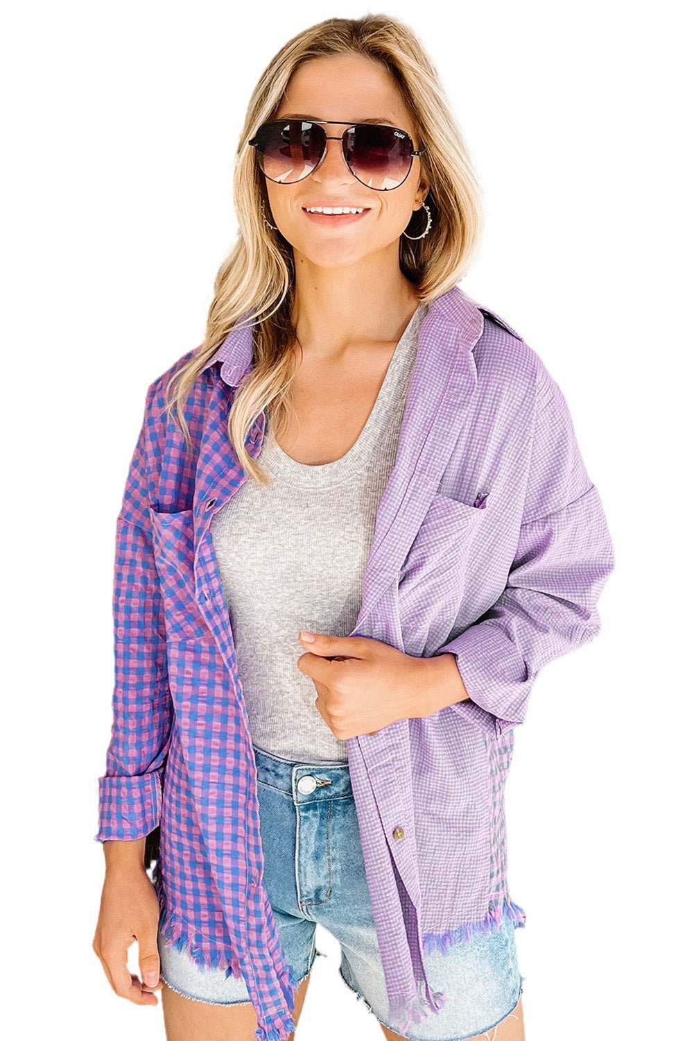 Purple Mixed Plaid Button Down Long Sleeve Chest Pocket Shirt Tops/Blouses & Shirts Channel0 Bravada Fashion