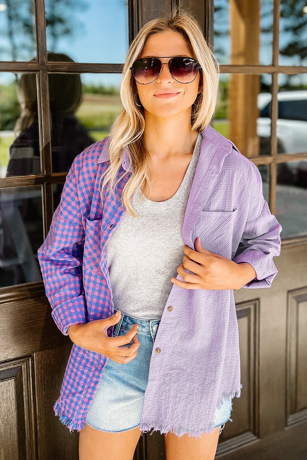 Purple Mixed Plaid Button Down Long Sleeve Chest Pocket Shirt Tops/Blouses & Shirts Channel0 Bravada Fashion