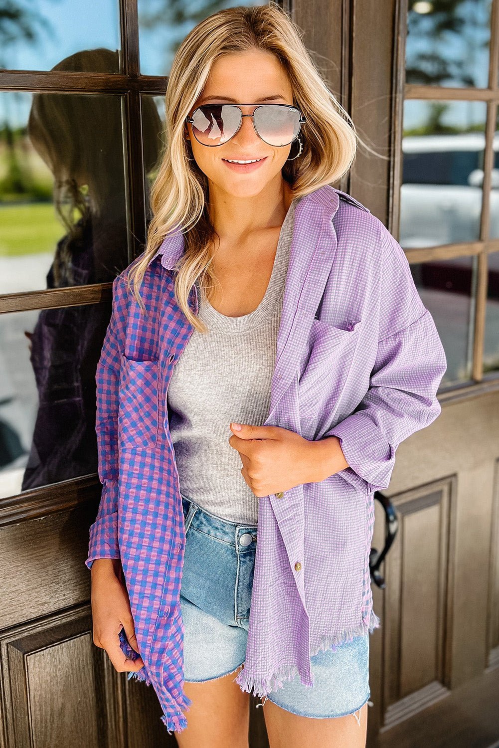 Purple Mixed Plaid Button Down Long Sleeve Chest Pocket Shirt Tops/Blouses & Shirts Channel0 Bravada Fashion