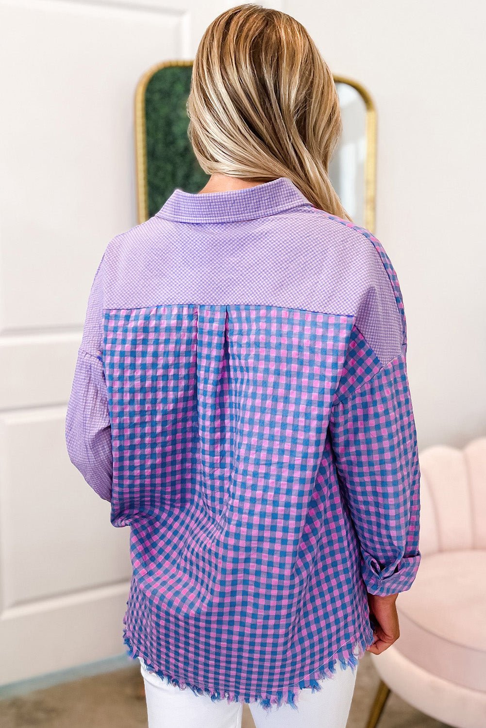 Purple Mixed Plaid Button Down Long Sleeve Chest Pocket Shirt Tops/Blouses & Shirts Channel0 Bravada Fashion