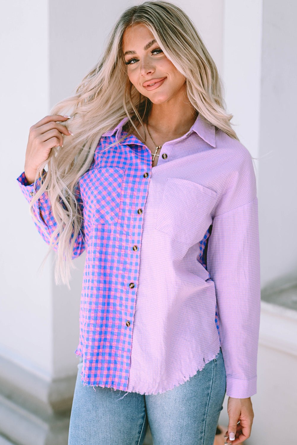 Purple Mixed Plaid Button Down Long Sleeve Chest Pocket Shirt Tops/Blouses & Shirts Channel0 Bravada Fashion