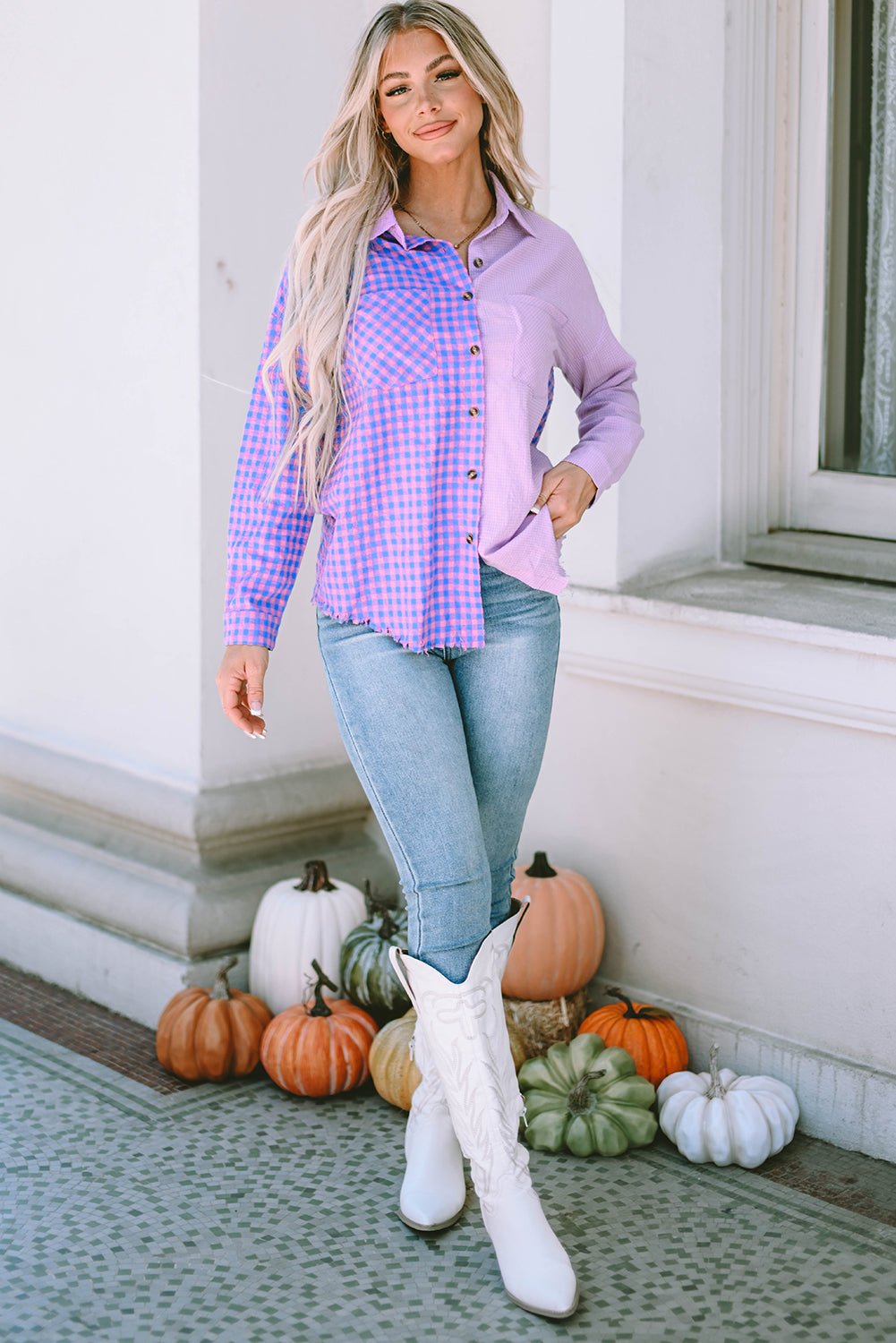 Purple Mixed Plaid Button Down Long Sleeve Chest Pocket Shirt Tops/Blouses & Shirts Channel0 Bravada Fashion