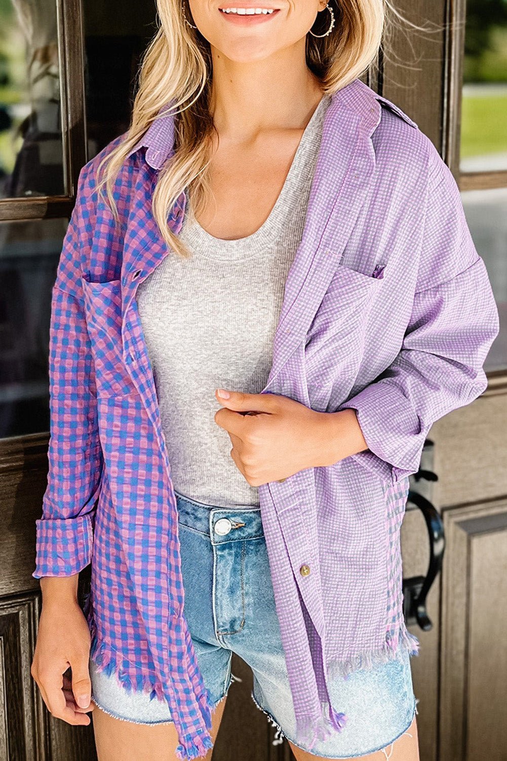 Purple Mixed Plaid Button Down Long Sleeve Chest Pocket Shirt Tops/Blouses & Shirts Channel0 Bravada Fashion