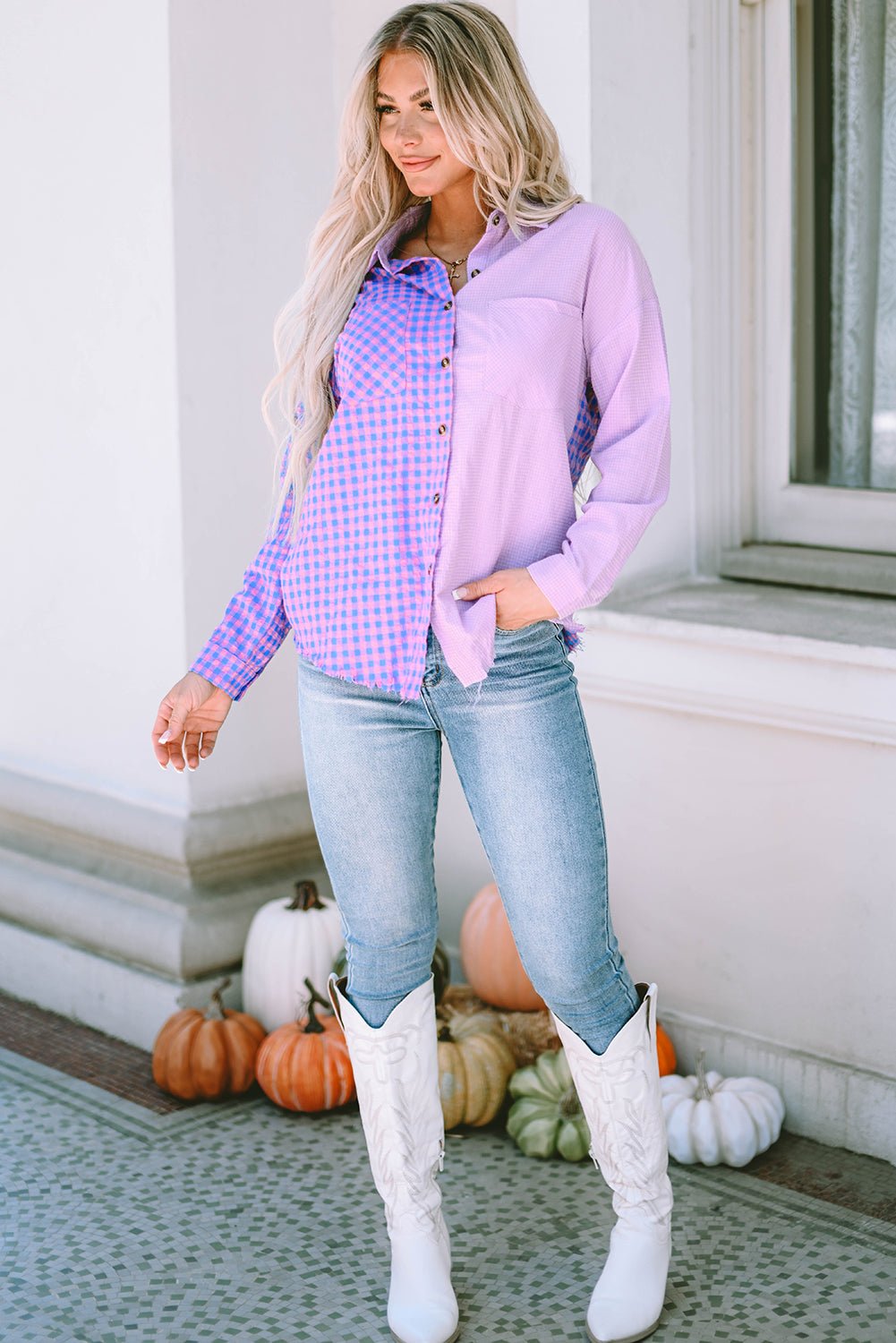 Purple Mixed Plaid Button Down Long Sleeve Chest Pocket Shirt Tops/Blouses & Shirts Channel0 Bravada Fashion