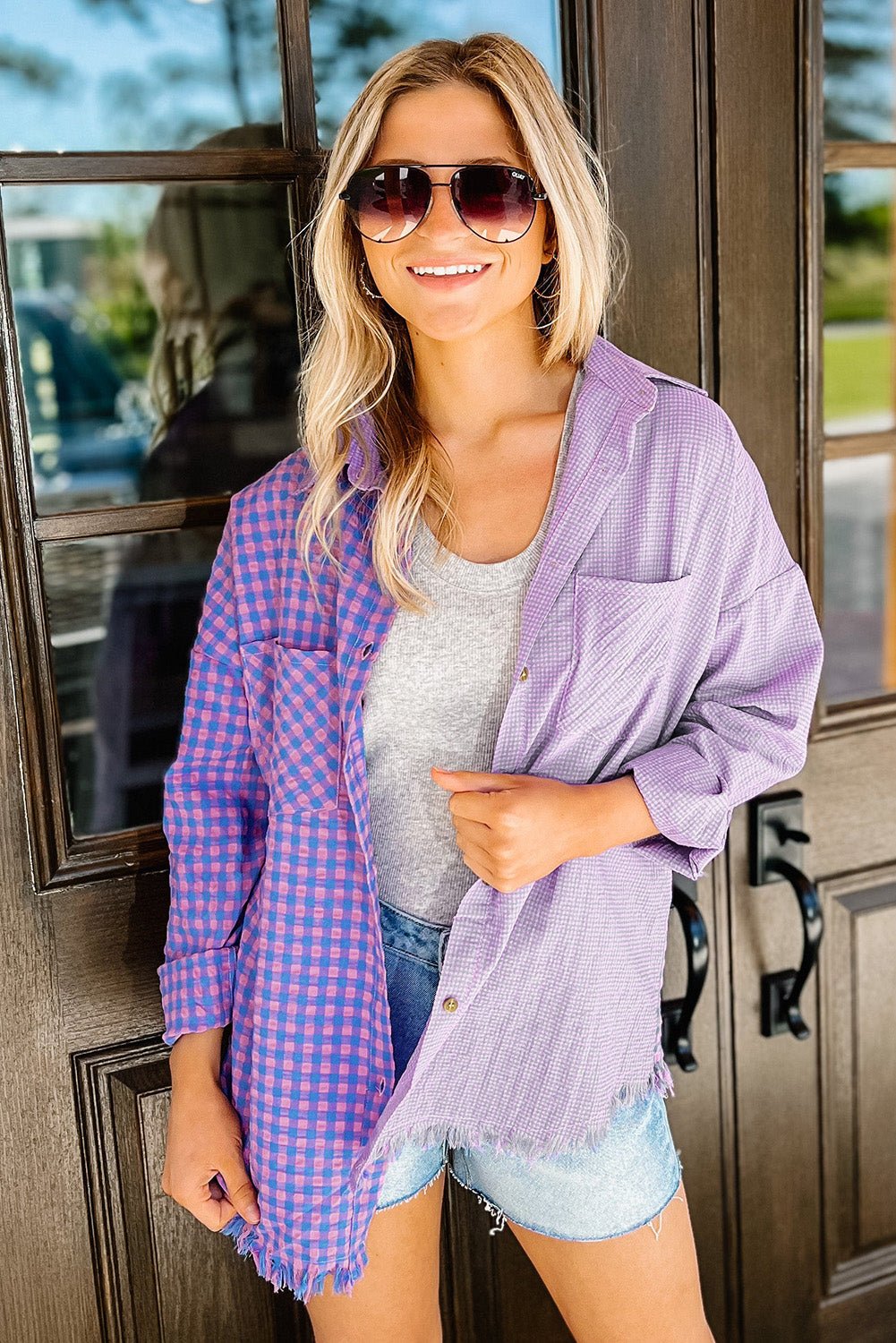 Purple Mixed Plaid Button Down Long Sleeve Chest Pocket Shirt Tops/Blouses & Shirts Channel0 Bravada Fashion