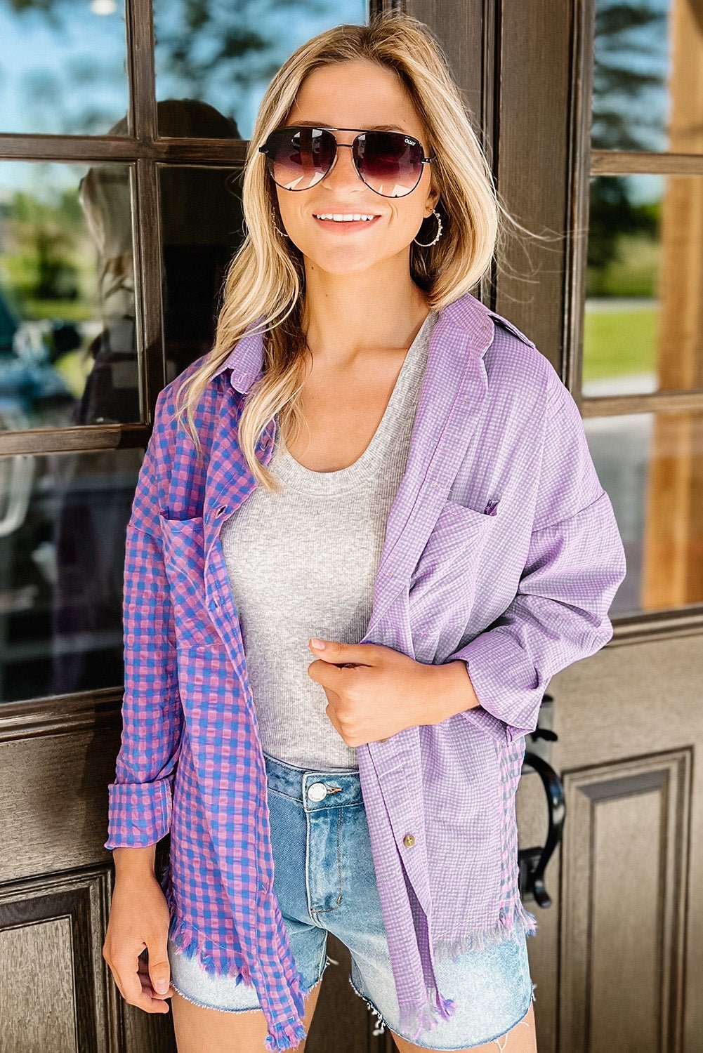 Purple Mixed Plaid Button Down Long Sleeve Chest Pocket Shirt Tops/Blouses & Shirts Channel0 Bravada Fashion