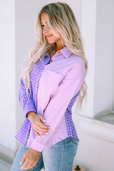 Purple Mixed Plaid Button Down Long Sleeve Chest Pocket Shirt Tops/Blouses & Shirts Channel0 Bravada Fashion