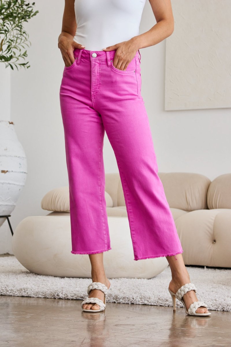 RFM Crop Chloe Tummy Control High Waist Raw Hem Jeans Pants Color Fashion Bravada