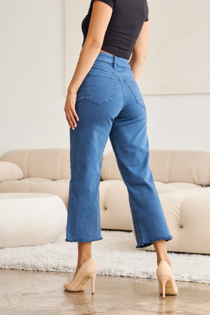 RFM Crop Chloe Tummy Control High West Raw Hem Jeans Pants Color Fashion Bravada