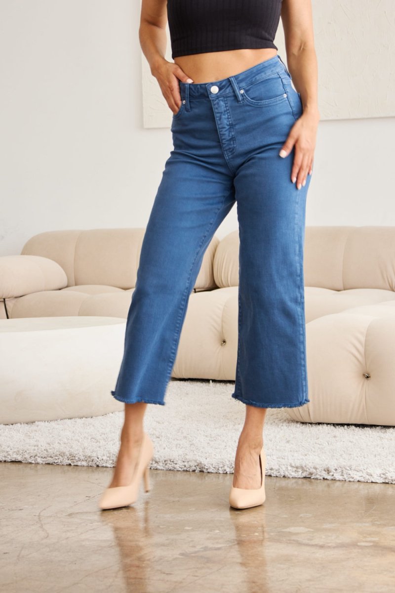 RFM Crop Chloe Tummy Control High West Raw Hem Jeans Pants Color Fashion Bravada