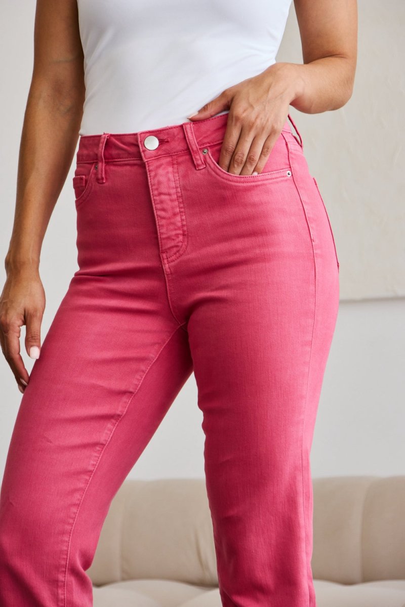 RFM Crop Dylan Full Size Tummy Control High Waist Raw Hem Jeans Pants Color Fashion Bravada