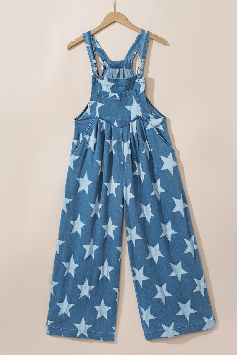 Star Print Wide Leg Denim Overall Bottoms/Jumpsuits & Rompers Arrive In 2 Weeks Bravada Boutique