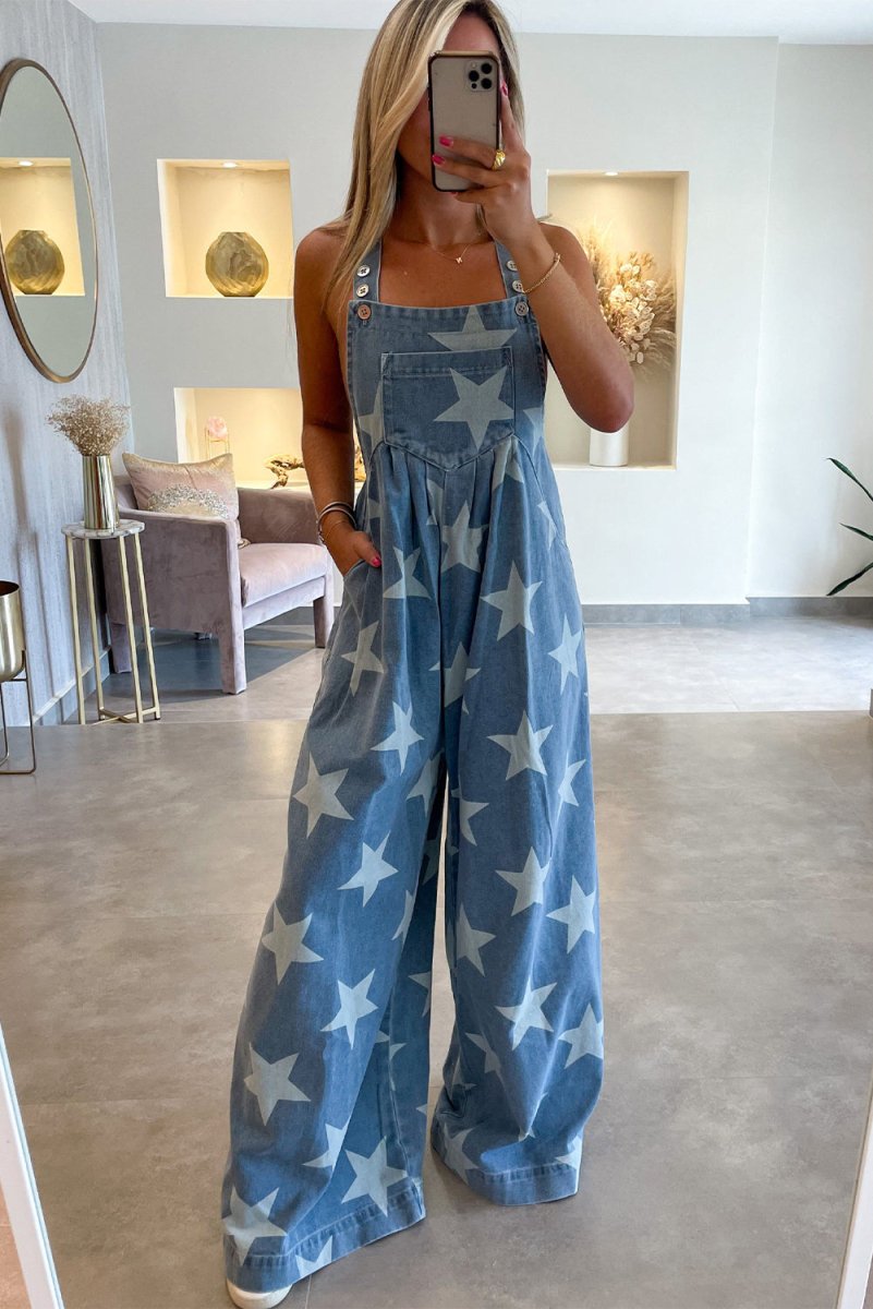 Star Print Wide Leg Denim Overall Bottoms/Jumpsuits & Rompers Arrive In 2 Weeks Bravada Boutique