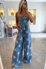 Star Print Wide Leg Denim Overall Bottoms/Jumpsuits & Rompers Arrive In 2 Weeks Bravada Boutique