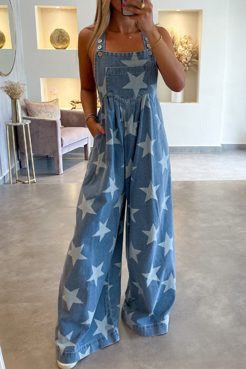 Star Print Wide Leg Denim Overall Bottoms/Jumpsuits & Rompers Arrive In 2 Weeks Bravada Boutique