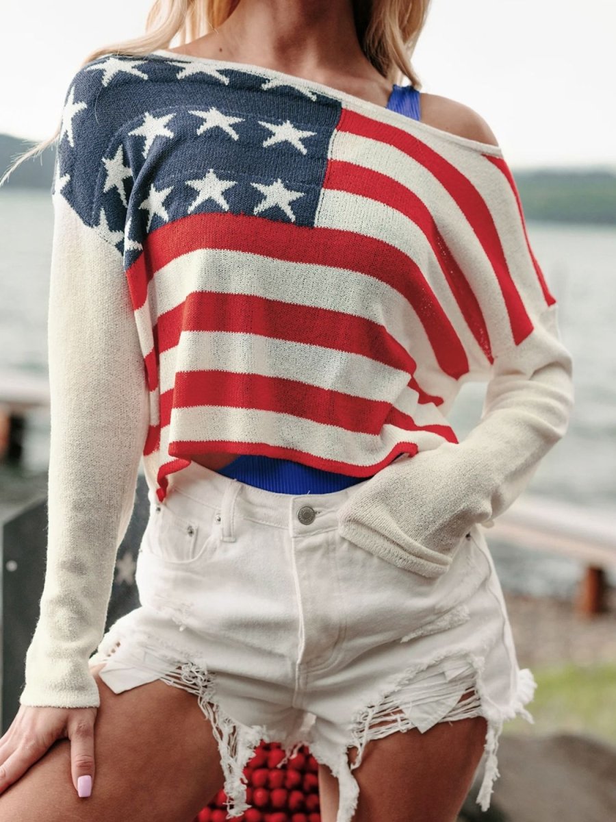 US Flag Boat Neck Long Sleeve Knit Top T - Shirts Graphics Fashion Bravada